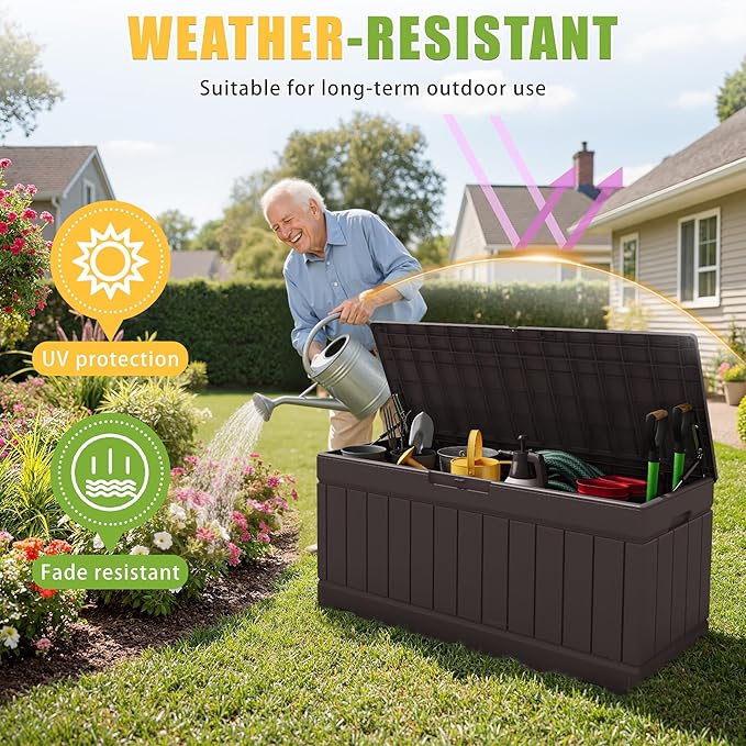 Greesum Outdoor Storage Box 82 Gallon Storage Bin with Lid for Patio Furniture, Garden Tools, Pool Supplies, Waterproof and UV Resistant, Lockable, Dark Brown - Image 3