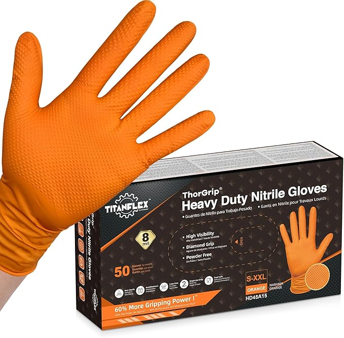 TitanFlex Heavy Duty Orange Industrial Nitrile Gloves by TitanFlexDisposableGloves