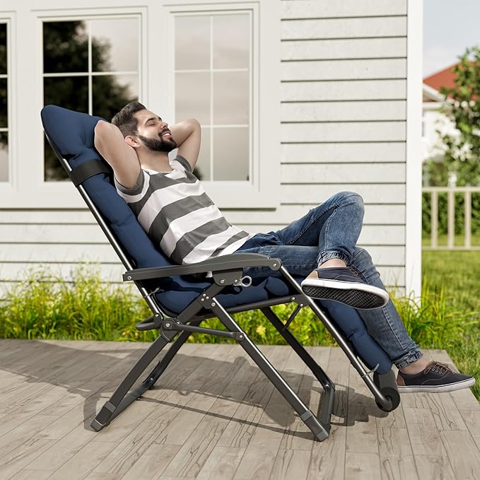 UDPATIO Oversized Zero Gravity Chair, 33In XXL Patio Reclining Chair with Cushion, Outdoor Folding Recliner with Pillows|Cup Holder|Foot Rest|Padded Headrest, Navy Blue, Support 500LB - Image 2