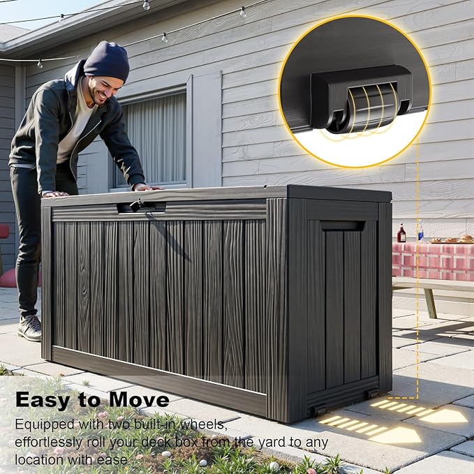 ROJIK Outdoor Storage Box with Wheels – 85 Gallon Mobile Waterproof Resin Deck Box, Lockable Storage for Patio Cushions, Garden Tools, Pool Accessories – UV-Resistant Storage Bench for Backyard & Deck - Image 3