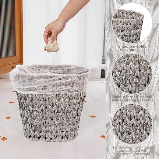 Wicker Trash Can, Waterproof Bathroom Waste Basket, Plastic Wicker Woven Waste - Image 5