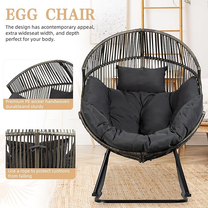 Vongrasig Wicker Rocking Egg Chair PE Rattan with Cushion, Oversized Patio Lounge Rocker Chair for Outdoor, Indoor, Balcony, Backyard, Garden, Black/Rattan - Image 4