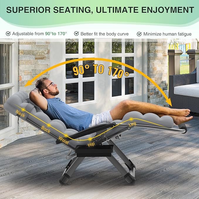 Suteck Oversized Zero Gravity Chair,33In XXL Lounge Chair w/Removable Cushion&Headrest, Reclining Camping Chair w/Upgraded Lock and Footrest, Reclining Patio Chairs Recliner for Indoor Outdoor,500LBS - Image 5