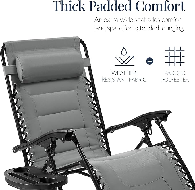 Best Choice Products Oversized Padded Zero Gravity Chair, Folding Outdoor Patio Recliner, XL Anti Gravity Lounger for Backyard w/Headrest, Cup Holder, Side Tray, Polyester Mesh - Ice Gray - Image 4