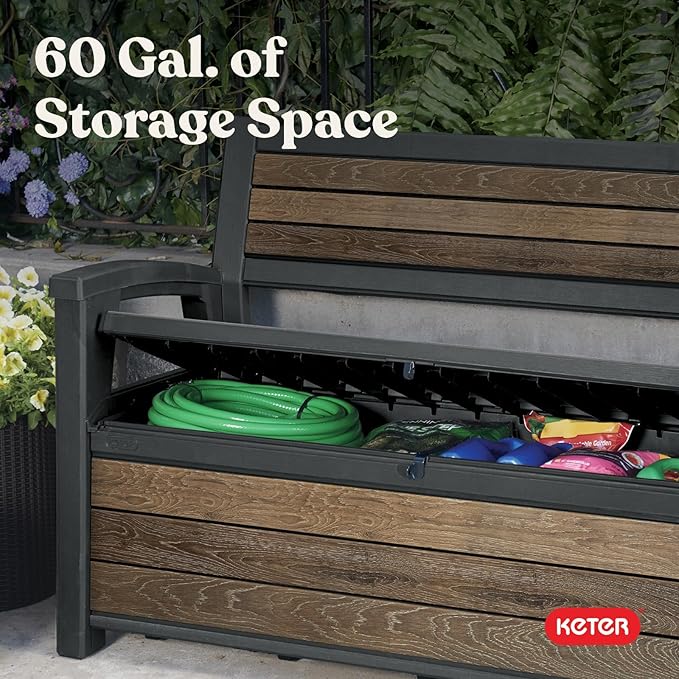 Keter Signature 60 Gallon Storage Bench Deck Box for Patio Furniture, Front Porch Decor and Outdoor Seating – Perfect to Store Garden Tools, Walnut - Image 7