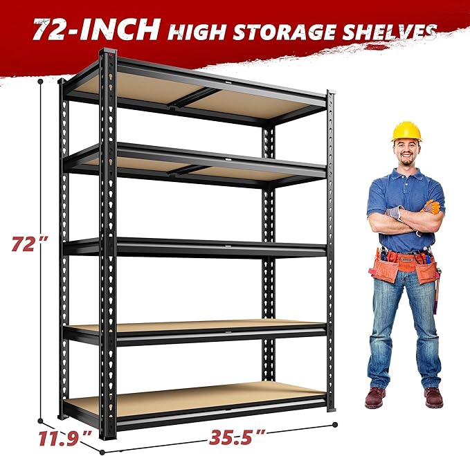 REIBII 2400LBS Storage Shelves 5 Tier Garage Shelving Heavy Duty Adjustable Garage Shelves, Utility Rack Shelf, Shelving Units for Storage Warehouse Pantry Closet, 35.5" W x 11.9" D x 72" H, 4 Pack - Image 3