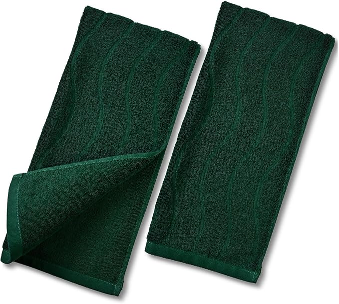 Jacquotha 2-Piece Hand Towels Set in Forest Green, Wavy Striped Jacquard Towels by Jacquotha