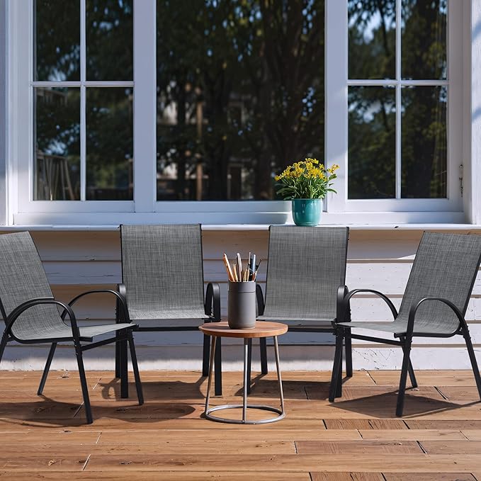 Flamaker Patio Chairs Stackable Dining Chairs Set of 4 Metal and Teslin Outdoor Chairs for Lawn Deck Balcony Porch (Grey) - Image 2