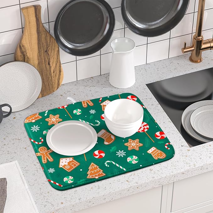 Gingerbread Dish Drying Mat for Kitchen Counter Holiday Green Super Absorbent - Image 6