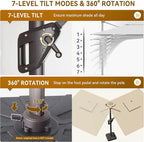10 X 13 FT Cantilever Outdoor Patio Umbrella with Led Lights Large Heavy Duty 360° Rotation Double Top Offset Rectangular Umbrellas for Backyard Garden Pool Outside Deck, Beige - Image 5