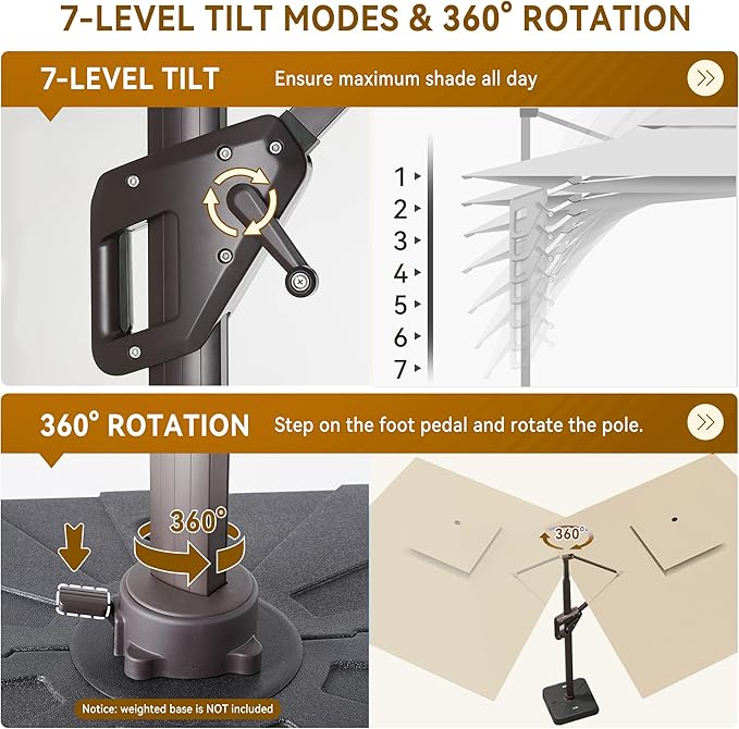 10 X 13 FT Cantilever Outdoor Patio Umbrella with Led Lights Large Heavy Duty 360° Rotation Double Top Offset Rectangular Umbrellas for Backyard Garden Pool Outside Deck, Beige - Image 5