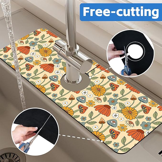 Abstract 70s Mushroom Floral Sink Faucet Absorbing Mat Sink Splash Guard Faucet - Image 7