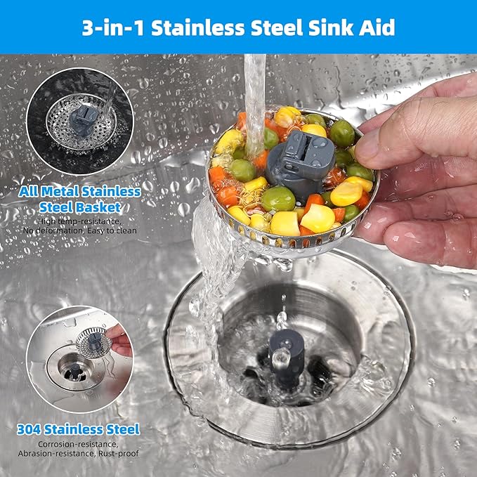 Hibbent 3 in 1 Kitchen Sink Drain Strainer, Stainless Steel Drain Stopper Combo - Image 2