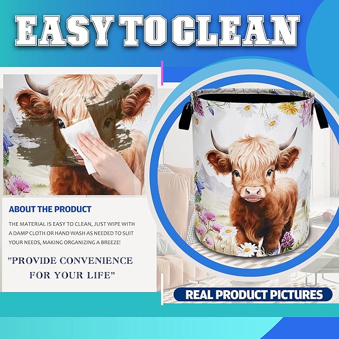 Highland Cow Laundry Basket Oxford Cloth Animal Flowers Laundry Hamper - Image 8