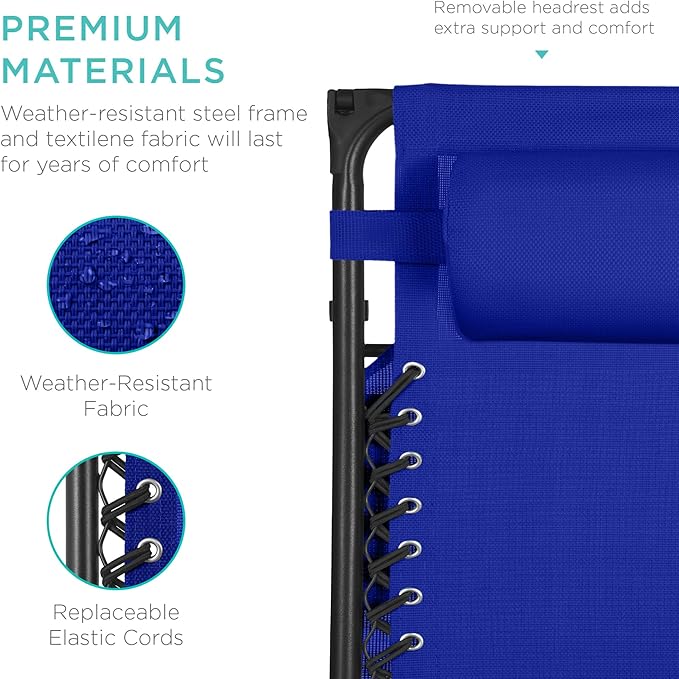 Best Choice Products 30” Wide Folding Zero Gravity Outdoor Recliner Patio Lounge Chair w/Adjustable Canopy Shade, Headrest, Side Accessory Tray - Cobalt Blue - Image 7