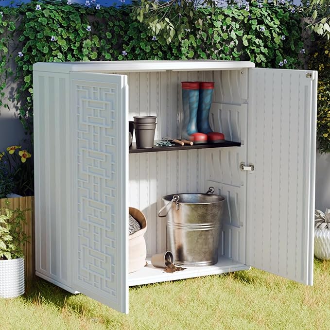 Indoor Outdoor Storage Cabinet Waterproof with Shelf, Off White Plastic Outdoor Cabinets for Patio/Garden/Backyard, Size 34.3''L*15''W*36.2''H - Image 2