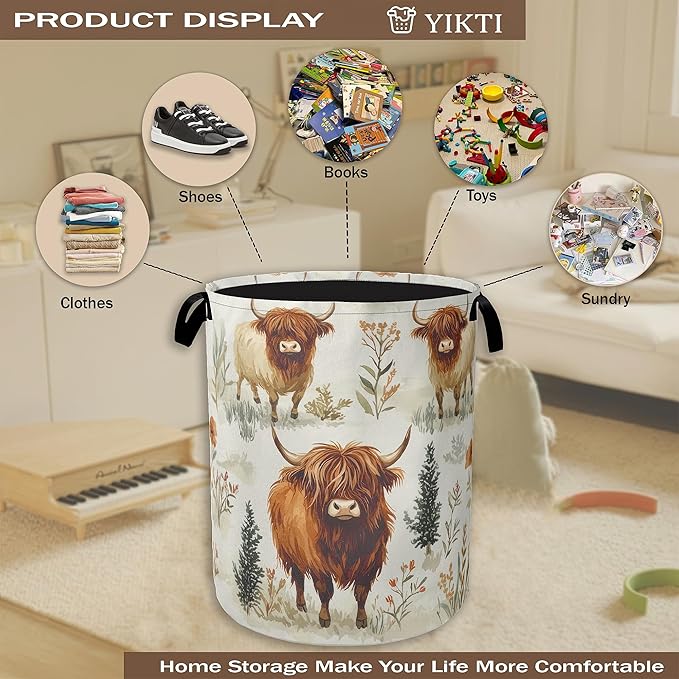 Laundry Hamper, Highland Cow Laundry Basket, Farmhouse Watercolor Flower - Image 4