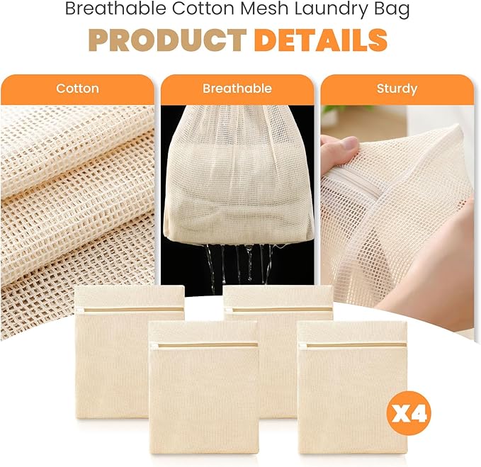 4Pcs Cotton Mesh Laundry Bags for Delicates, Breathable Mesh Garment Bag for - Image 3