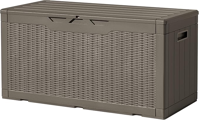 Devoko 97 Gallon Deck Box, Waterproof Resin Outdoor Storage Box for Outside and Patio, Large Outdoor Storage Bench Cabinet Lockable for Patio Furniture, Garden Tools and Pool Supplies (Brown) by DEVOKO