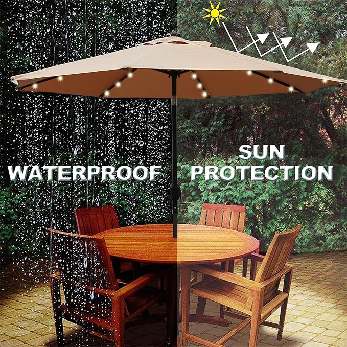 Blissun 9 ft Solar Umbrella, 32 LED Lighted Patio Umbrella, Table Market Umbrella, Outdoor Umbrella for Garden, Deck, Backyard, Pool and Beach (Tan) - Image 4