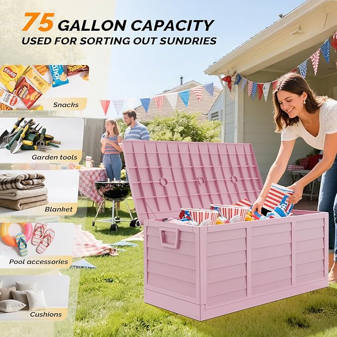 VINGLI 75 Gallon Collapsible Outdoor Storage Box, Simple-to-assemble Plastic Storage Containers with Lid, Patio Deck Box Furniture for Garden, Pool, Balcony, Yard (Pink) - Image 8