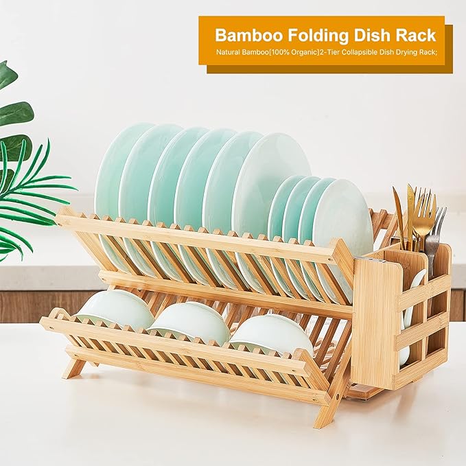 Bamboo Dish Drying Rack, 3 Tier Collapsible Wooden Dish Drainer Rack - Image 6