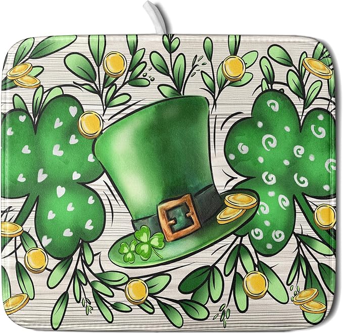 St Patrick's Day Shamrock Dish Drying Mat 16x18 inch Eucalyptus Leaves Dishes by Giwawa