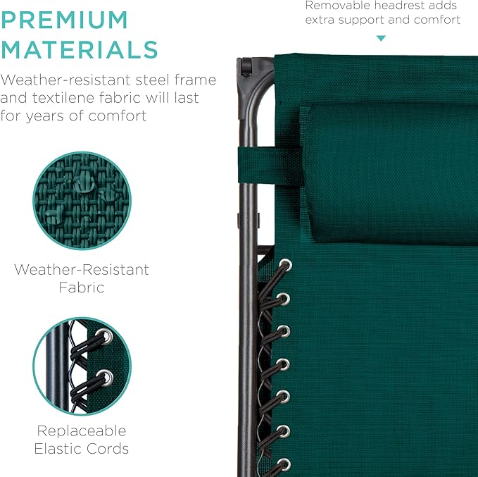 Best Choice Products Folding Zero Gravity Outdoor Recliner Patio Lounge Chair w/Adjustable Canopy Shade, Headrest, Side Accessory Tray, Textilene Mesh - Forest Green - Image 6