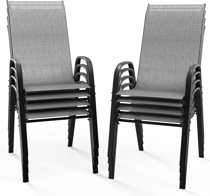 VINGLI Patio Chairs Set of 8 – Stackable Outdoor Dining Chairs with Comfortable Sling High Back Chairs and Armrests for Lawn, Poolside, Courtyard, Balcony, Garden, Silver Gray by VINGLI