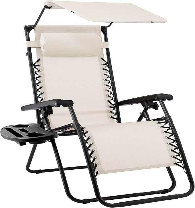 Best Choice Products Folding Zero Gravity Outdoor Recliner Patio Lounge Chair w/Adjustable Canopy Shade, Headrest, Side Accessory Tray, Textilene Mesh - Ivory by BestChoiceProducts