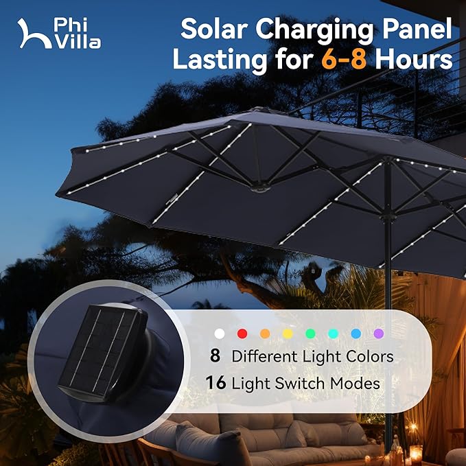 PHI VILLA 13ft Patio Umbrella with Solar-Powered 120 PCS LED Color-Changing Lights, Triple-Head Large Rectangle Umbrella Outdoor Patio for Table with Crank Lift,Navy Blue(No Base) - Image 2
