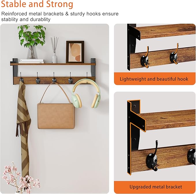 Coat Rack with Wall Mount, 23 Inch Long Entryway Wall Shelf with Hooks - Image 5