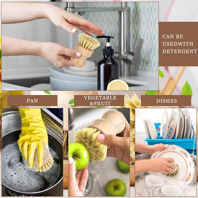 12 Pcs Bamboo Dish Brush, Wooden Scrubber Sisal Bristle Kitchen Wood Brushes - Image 3