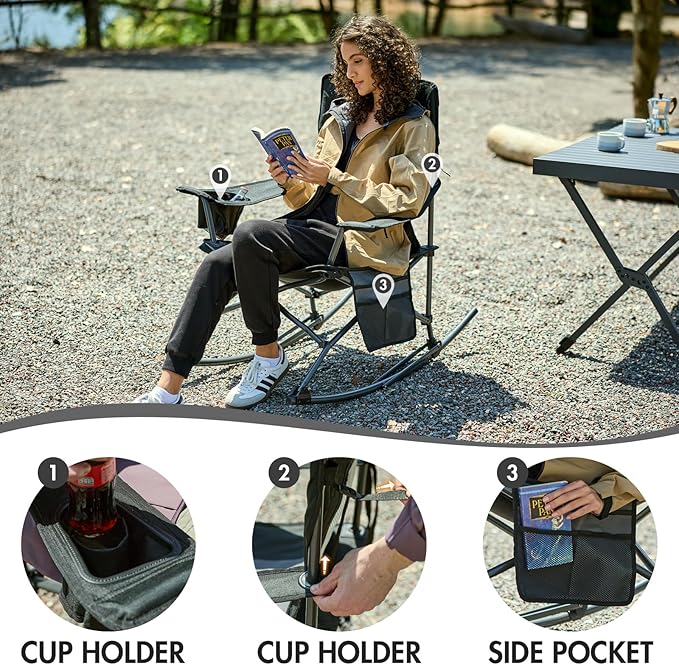 Portal Outdoor Rocking Chair Camping Folding Portable Rocker with Cup Holder Side Pocket Carry Bag, Support 350LBS (Black) - Image 7