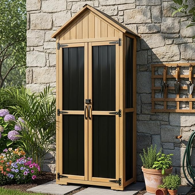PetsCosset Outdoor Storage Cabinet Waterproof, Outdoor Storage Shed with Shelves, Wood & Metal Patio Backyard Garden Storage Cabinet Tool Organizer for Outside by PETSCOSSET