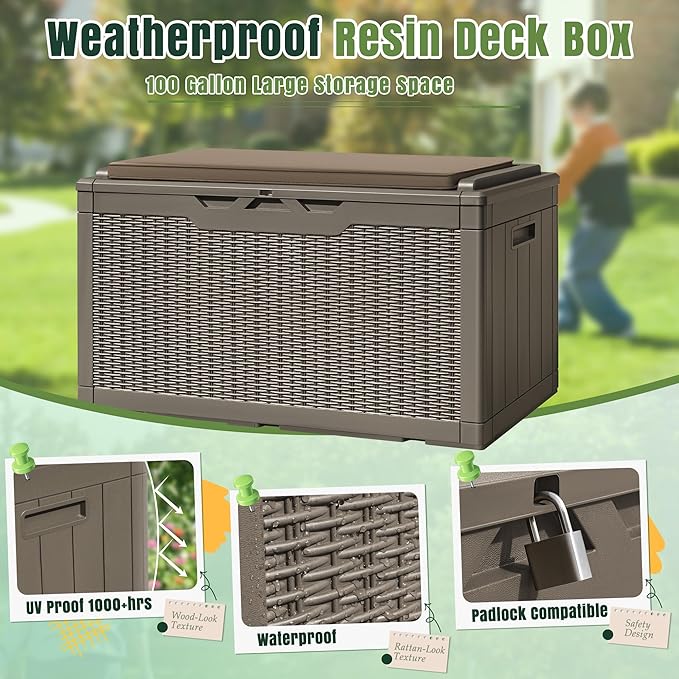 Greesum 100 Gallon Resin Deck Box Large Outdoor Storage with Cushions for Patio Furniture, Garden Tools, Pool Supplies, Weatherproof and UV Resistant, Lockable, Light Coffee - Image 4