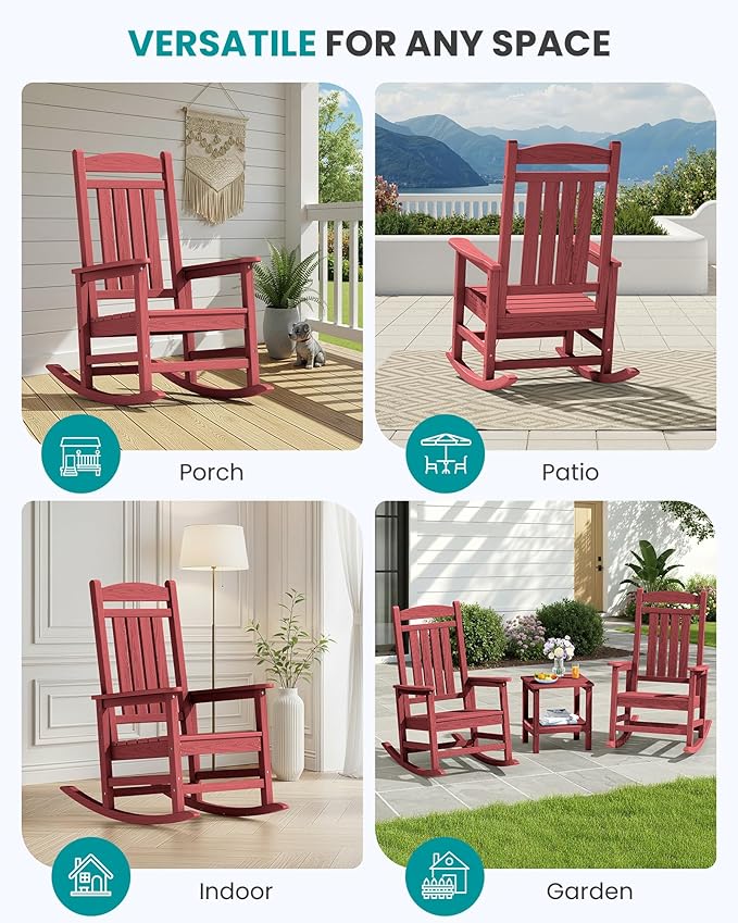 SERWALL Patio Rocking Chairs Set of 2, HDPE Outdoor Rockers for Adults, Oversized All-Weather Porch Rocking Chairs, Red - Image 9