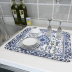 Boho Floral Dish Drying Mat 18x24 Inch Blue Leaves Kitchen Drying Pad - Image 6