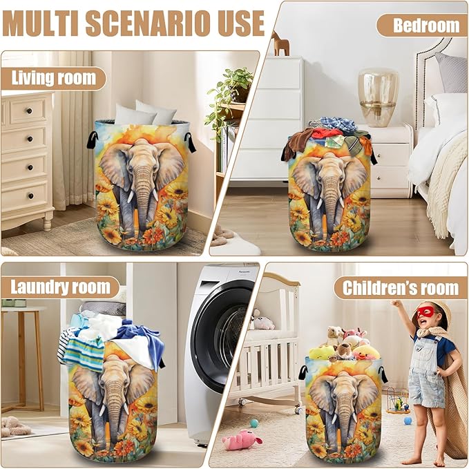 Watercolor Elephant Sunflower Laundry Basket, Foldable Wild Animals Laundry - Image 7