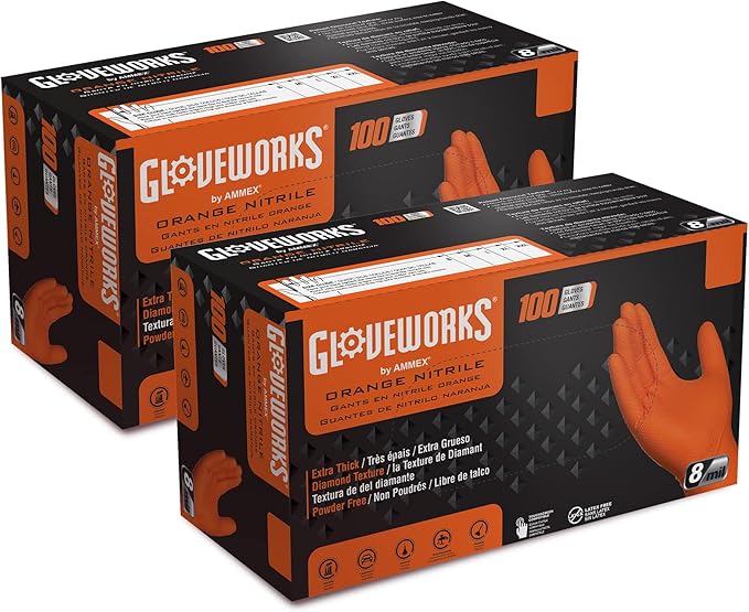 GLOVEWORKS 8 Mil Orange Nitrile Disposable Gloves Heavy Duty Industrial RDT by GLOVEWORKS