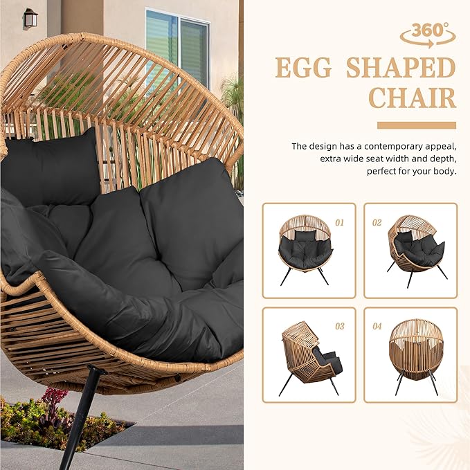 Vongrasig Wicker Egg Chair PE Rattan Chair with Cushion, Oversized Patio Lounge Chair for Outdoor, Indoor, Balcony, Backyard, Garden, Living Room, Black - Image 6