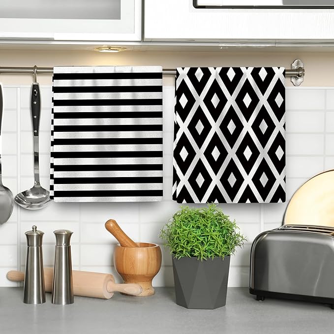 White Black Kitchen Towels Decorative Set of 4, Soft Absorbent Abstract Modern - Image 5