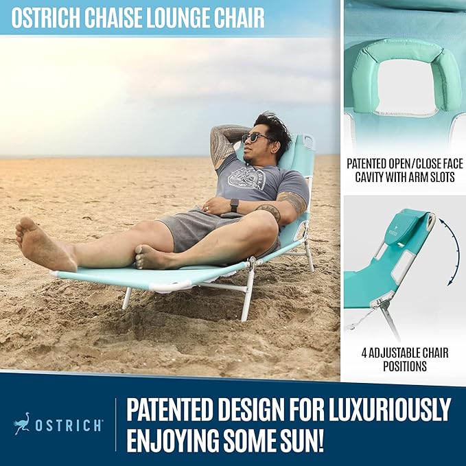 Ostrich 72 by 22 Inch Versatile Chaise Lounge Portable Reclining Lounger, Outdoor Patio, Beach, Lawn, Camping, or Pool Tanning Chair, Aqua - Image 5
