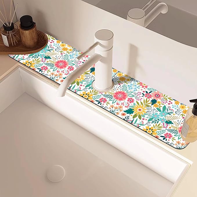 Colorful Floral Leaves Berries Kitchen Sink Splash Guard Mat Absorbent Fast - Image 2