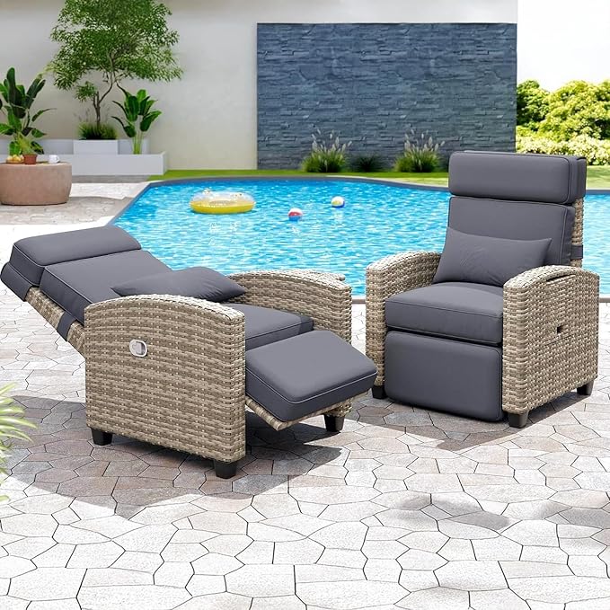 Garvee Outdoor Recliner Chair, 145° Adjustable Backrest & Footrest Lounge Chair with Removable Cushion and Flip-Up Side Table, All-Weather PE Wicker & Steel Frame for Poolside, Deck, Balcony, Khaki - Image 7