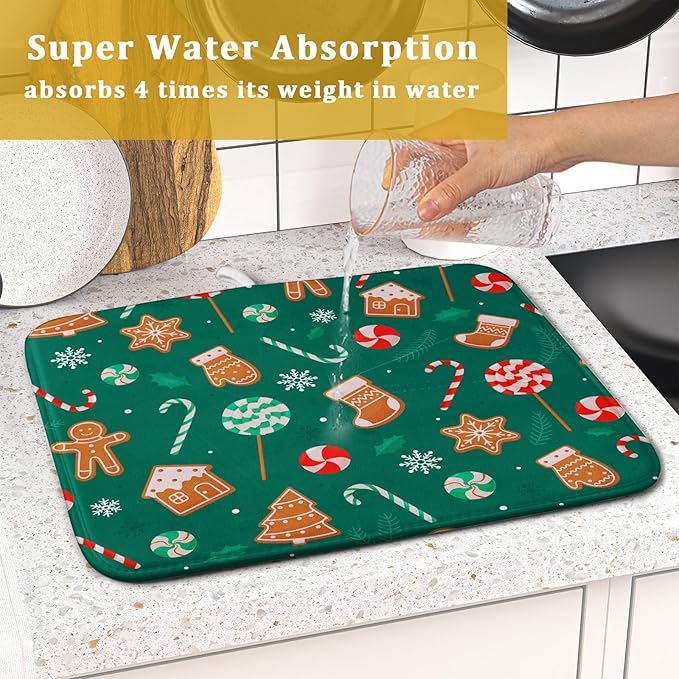 Gingerbread Dish Drying Mat for Kitchen Counter Holiday Green Super Absorbent - Image 7