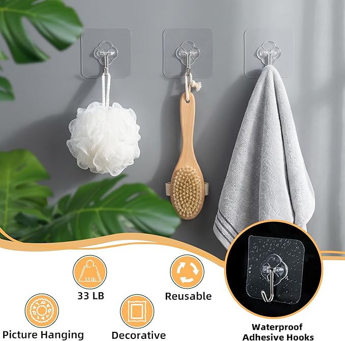 Adhesive Wall Hooks for Hanging, 50 Pack Heavy Duty Stainless Self Sticky Hooks - Image 4