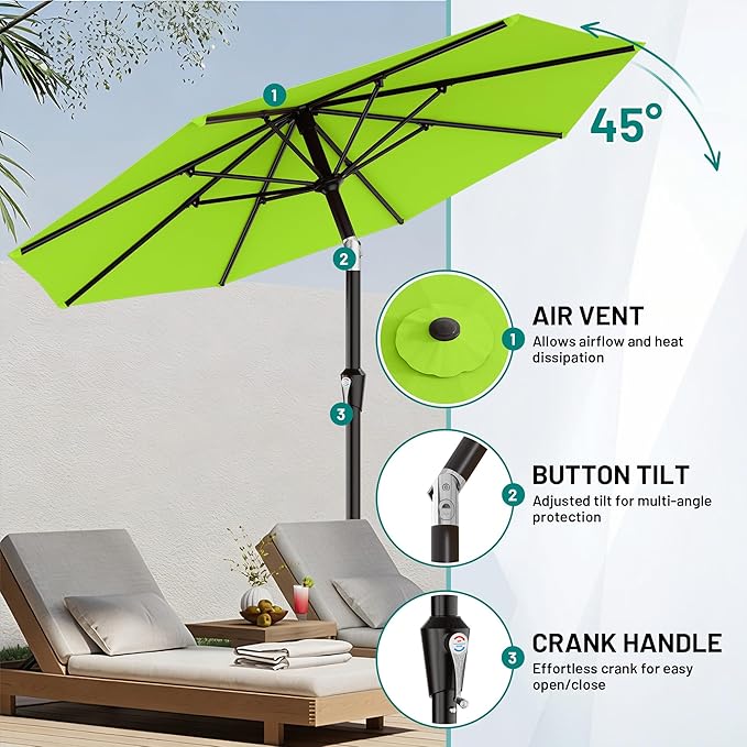 AreShark 9 FT Patio Umbrella for Outdoor, Outdoor Umbrella with Push Button Tilt and Crank, Outdoor Patio Umbrellas with 8 Sturdy Ribs for Market, Garden, Deck, Backyard, Pool (Apple Green) - Image 5