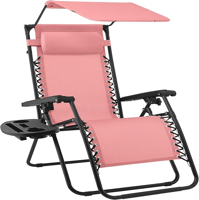 Best Choice Products 30” Wide Folding Zero Gravity Outdoor Recliner Patio Lounge Chair w/Adjustable Canopy Shade, Headrest, Side Accessory Tray - Pink by BestChoiceProducts