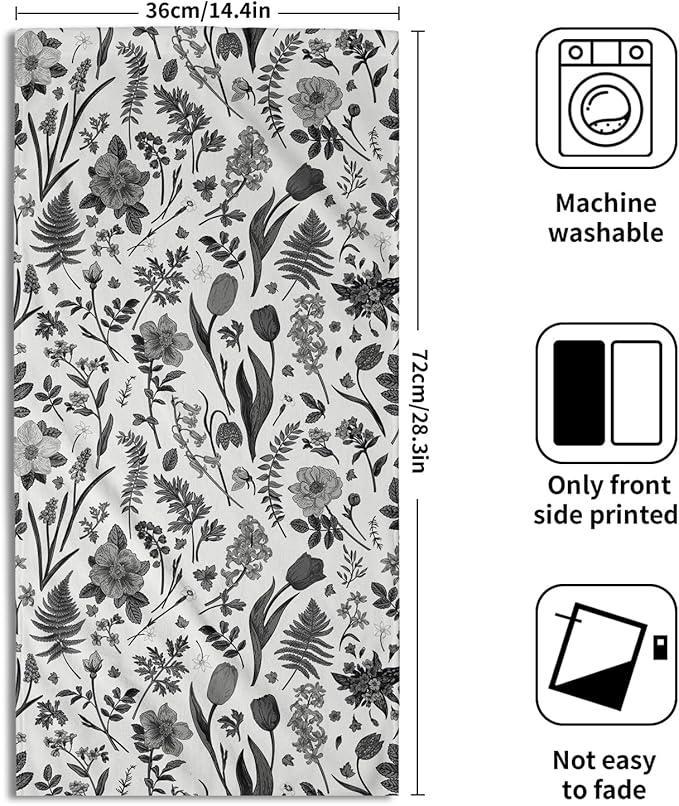 Spring Floral Hand Towels for Bathroom Set of 2 Black Grey White Flower Leaves - Image 2